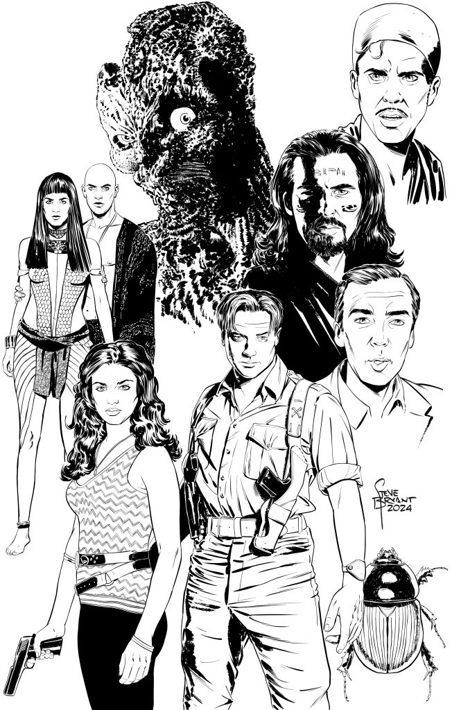 Ink drawing, the cast of 1999's The Mummy